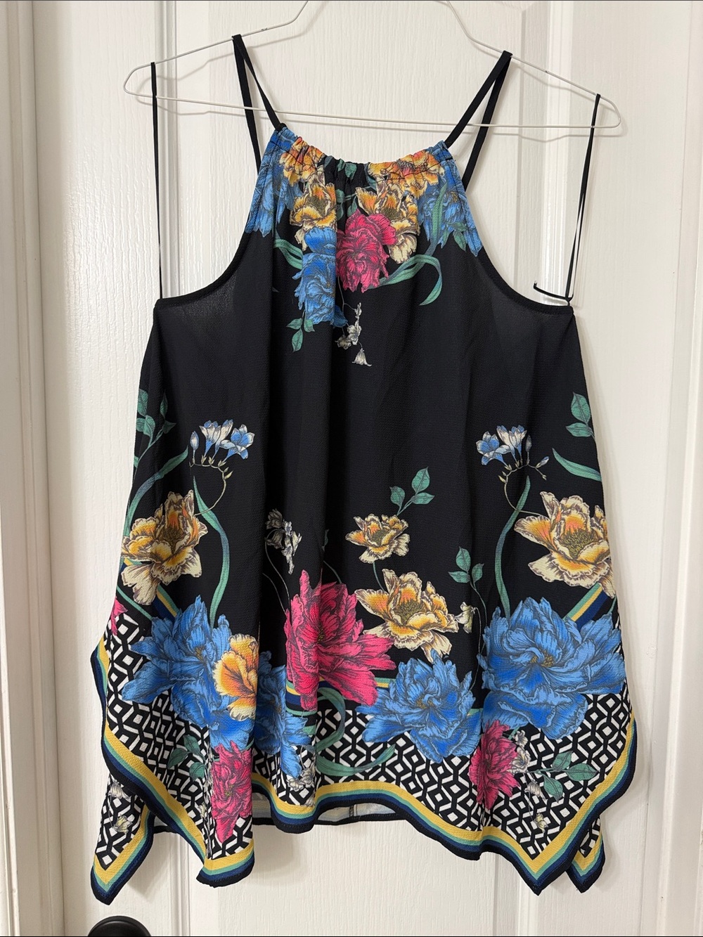 Jealous Tomato black floral halter cami top bohemian handkerchief hem size L